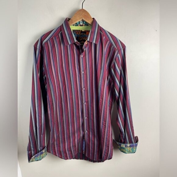 Robert Graham Stripes Paisley flip cuff red blue Mens button up Shirt Size Large - Picture 2 of 12